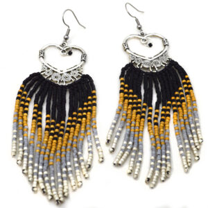 extra long fringe beaded boho heart earrings