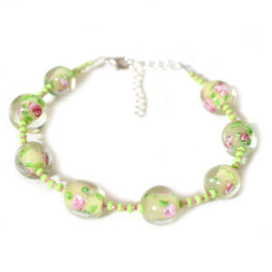 light green and pink flowers glass beaded anklet