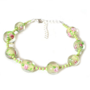 light green and pink flowers glass beaded anklet