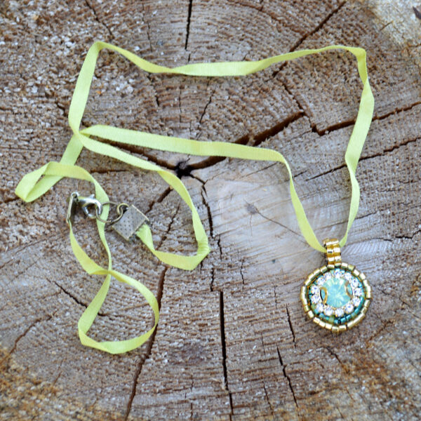 Sparkling Pale Green and Gold Ribbon Rhinestone New Orleans Style Necklace Boho Jewelry for Women